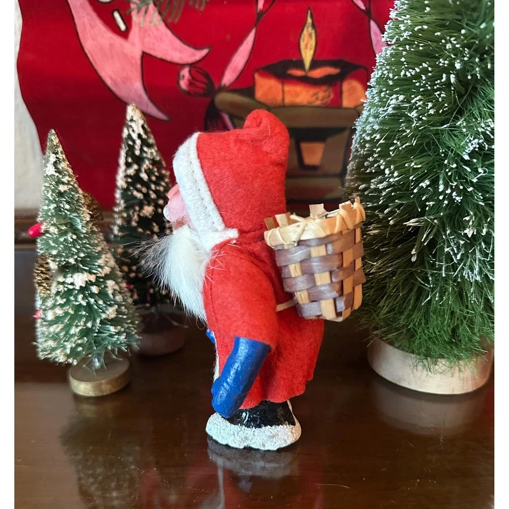 Vintage German Belsnickel(?) 5'' Santa Claus With Basket Large Rabbit Fur Beard‎
